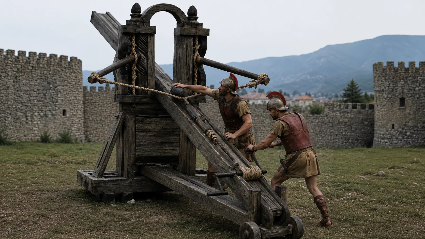 Two Roman soldiers loading a ballista