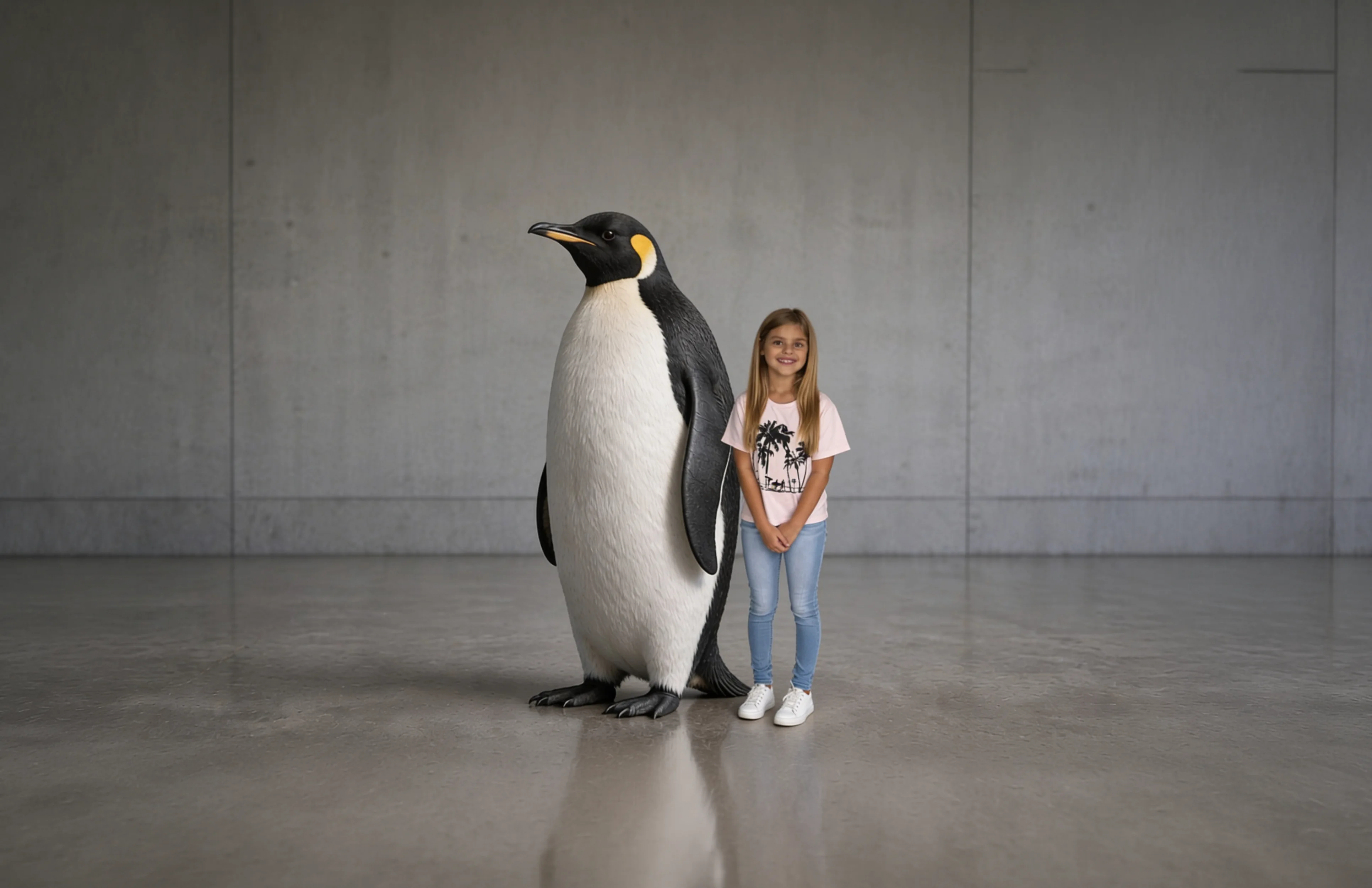 Ellie standing next to model of extinct Colossus Penguin.