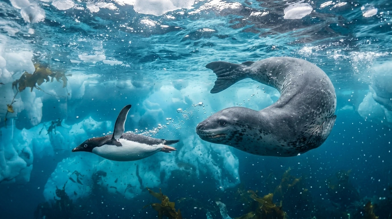 Leopard seal chasing penguin