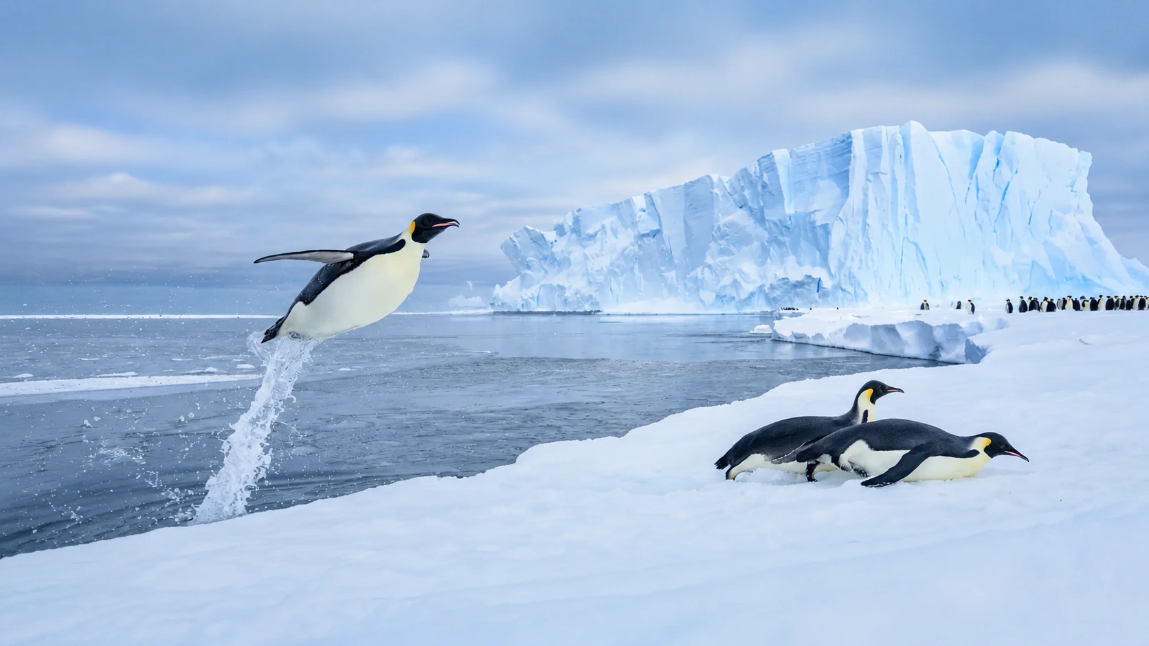 Penguins coming out of the water