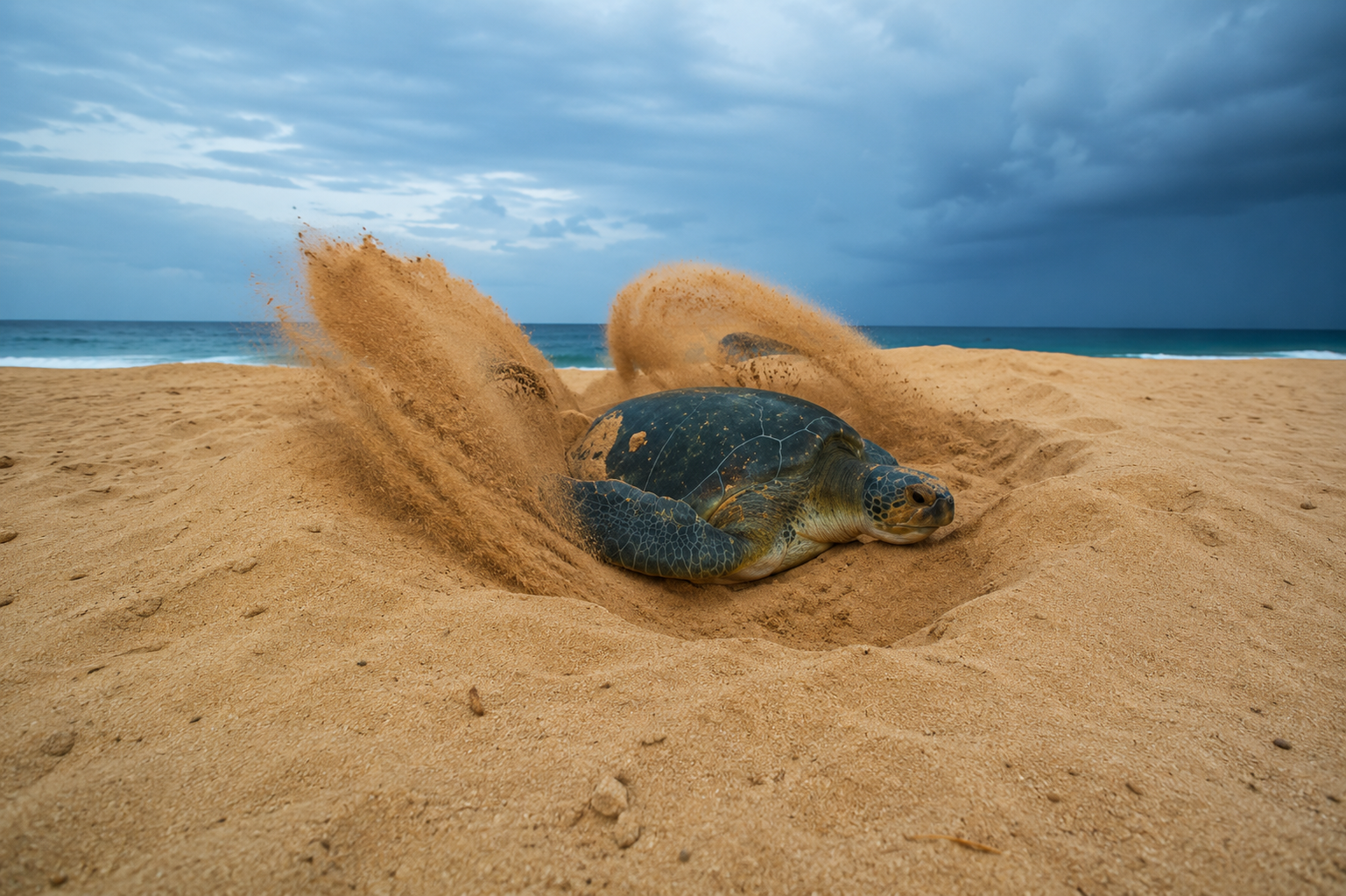Sea turtle digging in sand